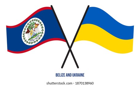 Belize and Ukraine Flags Crossed And Waving Flat Style. Official Proportion. Correct Colors.