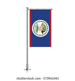 Belize vector banner flag hanging on a silver metallic pole. Vertical Belize flag template isolated on a white background.