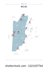 Belize vector map. Editable template with regions, cities, red pins and blue surface on white background.