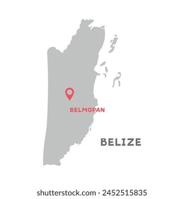 Belize vector map illustration, country map silhouette with mark the capital city of Belize inside. Map of Belize vector drawing. Filled version illustration isolated on white background.