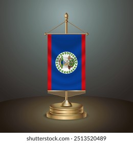 Bandeira de mesa vertical de Belize com polo dourado no fundo de gradiente escuro, vetor de banner de modelo Ilustração