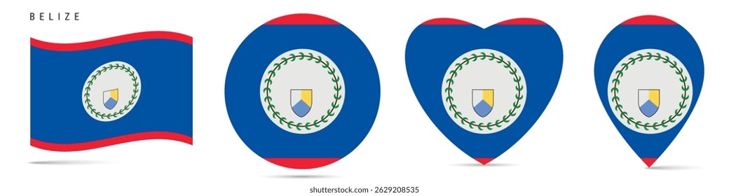 Belize-Flagge, runde Kreis-Aufkleber-Abzeichen, herzförmiges Symbol, Kartenstift. Belizische Flaggenknöpfe in verschiedenen Formen. Vektorgrafik einzeln auf Weiß.