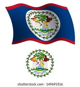 belize wavy flag and coat of arms against white background, vector art illustration, image contains transparency