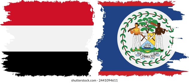 Belize and Yemen grunge flags connection, vector