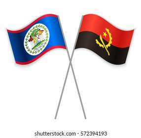 Belizean and Angolan crossed flags. Belize combined with Angola isolated on white. Language learning, international business or travel concept.