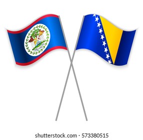 Belizean and Bosnian crossed flags. Belize combined with Bosnia and Herzegovina isolated on white. Language learning, international business or travel concept.