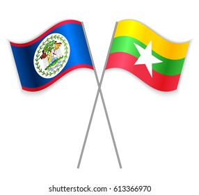 Belizean and Burmese crossed flags. Belize combined with Burma isolated on white. Language learning, international business or travel concept.