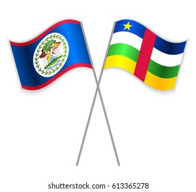 Belizean and Central African crossed flags. Belize combined with Central African Republic isolated on white. Language learning, international business or travel concept.