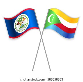 Belizean and Comoran crossed flags. Belize combined with Comoros isolated on white. Language learning, international business or travel concept.