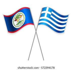 Belizean and Greek crossed flags. Belize combined with Greece isolated on white. Language learning, international business or travel concept.