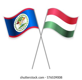 Belizean and Hungarian crossed flags. Belize combined with Hungary isolated on white. Language learning, international business or travel concept.