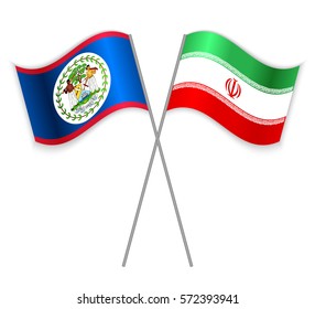 Belizean and Iranian crossed flags. Belize combined with Iran isolated on white. Language learning, international business or travel concept.