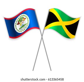 Belizean and Jamaican crossed flags. Belize combined with Jamaica isolated on white. Language learning, international business or travel concept.