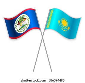 Belizean and Kazakh crossed flags. Belize combined with Kazakhstan isolated on white. Language learning, international business or travel concept.