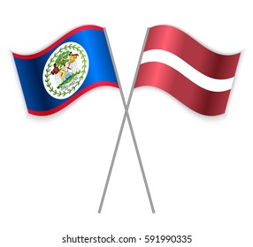 Belizean and Latvian crossed flags. Belize combined with Latvia isolated on white. Language learning, international business or travel concept.