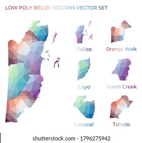 Belizean low poly regions. Polygonal map of Belize with regions. Geometric maps for your design. Astonishing vector illustration.