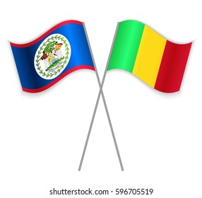 Belizean and Malian crossed flags. Belize combined with Mali isolated on white. Language learning, international business or travel concept.