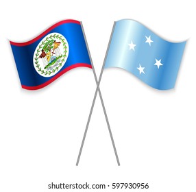 Belizean and Micronesian crossed flags. Belize combined with Micronesia isolated on white. Language learning, international business or travel concept.
