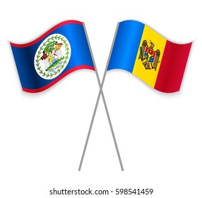 Belizean and Moldovan crossed flags. Belize combined with Moldova isolated on white. Language learning, international business or travel concept.