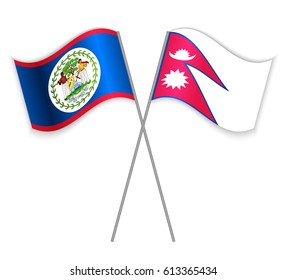 Belizean and Nepalese crossed flags. Belize combined with Nepal isolated on white. Language learning, international business or travel concept.
