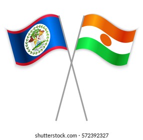 Belizean and Nigerien crossed flags. Belize combined with Niger isolated on white. Language learning, international business or travel concept.