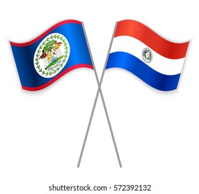 Belizean and Paraguayan crossed flags. Belize combined with Paraguay isolated on white. Language learning, international business or travel concept.