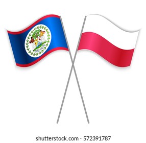 Belizean and Polish crossed flags. Belize combined with Poland isolated on white. Language learning, international business or travel concept.