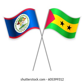 Belizean and Sao Tomean crossed flags. Belize combined with Sao Tome and Principe isolated on white. Language learning, international business or travel concept.