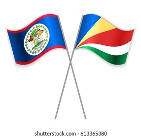 Belizean and Seychellois crossed flags. Belize combined with Seychelles isolated on white. Language learning, international business or travel concept.