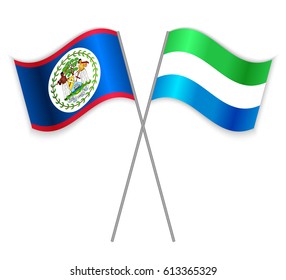 Belizean and Sierra Leonean crossed flags. Belize combined with Sierra Leone isolated on white. Language learning, international business or travel concept.