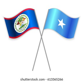 Belizean and Somali crossed flags. Belize combined with Somalia isolated on white. Language learning, international business or travel concept.