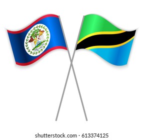 Belizean and Tanzanian crossed flags. Belize combined with Tanzania isolated on white. Language learning, international business or travel concept.