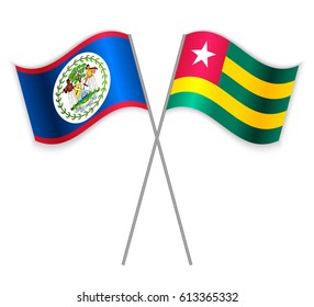 Belizean and Togolese crossed flags. Belize combined with Togo isolated on white. Language learning, international business or travel concept.