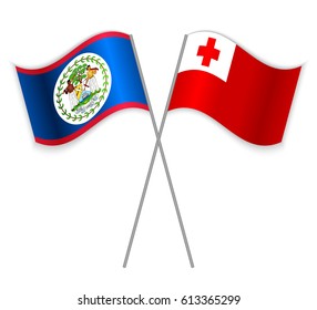 Belizean and Tongan crossed flags. Belize combined with Tonga isolated on white. Language learning, international business or travel concept.