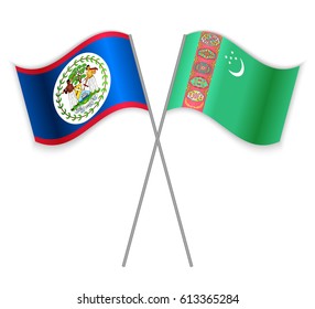 Belizean and Turkmen crossed flags. Belize combined with Turkmenistan isolated on white. Language learning, international business or travel concept.