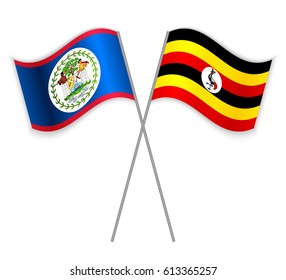 Belizean and Ugandan crossed flags. Belize combined with Uganda isolated on white. Language learning, international business or travel concept.