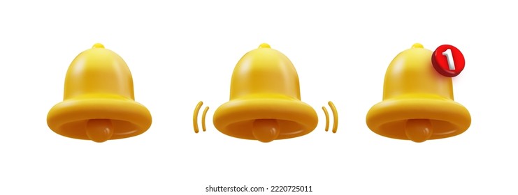 Icono de Bell 3d aislado en fondo blanco. El 3d realista hace que la campanilla amarilla se convierta en una nueva notificación para un recordatorio en los medios sociales. Icono de vector