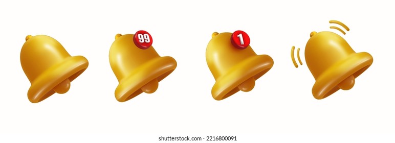 Bell of 3d icons of bell ringing with notification label with figure. Vector realistic ringing bell icon