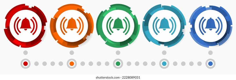 Glocke, Alarm, Alarm-Konzept, Vektorsymbol-Set, moderne, abstrakte Web-Buttons in 5 Farben, Infografik-Vorlage