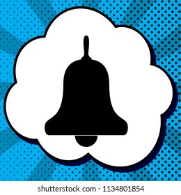 Bell Alarm, hand bell sign. Vector. Black icon in bubble on blue pop-art background with rays.