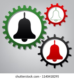 Bell Alarm, hand bell sign. Vector. Three connected gears with icons at grayish background.