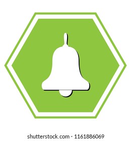 Bell Alarm, hand bell sign. Vector. White icon with black shadow at yellow green honeycomb on white background.