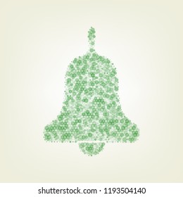 Bell Alarm, hand bell sign. Vector. Green hexagon rastered icon and noised opacity and size at light green background with central light.