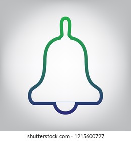 Bell Alarm, hand bell sign. Vector. Green to blue gradient contour icon at grayish background with light in center.