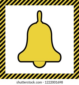 Bell Alarm, hand bell sign. Vector. Warm yellow icon with black contour in frame named as under construction at white background. Isolated.