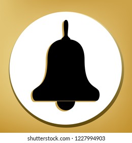 Bell Alarm, hand bell sign. Vector. Black icon with light brown shadow in white circle with shaped ring at golden background.