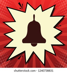 Bell Alarm, hand bell sign. Vector. Dark red icon in lemon chiffon shutter bubble at red popart background with rays.