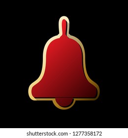 Bell Alarm, hand bell sign. Vector. Red icon with small black and limitless shadows at golden sticker on black background.