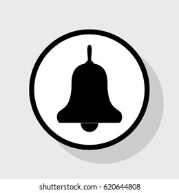 Bell Alarm, hand bell sign. Vector. Flat black icon in white circle with shadow at gray background.