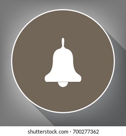 Bell Alarm, hand bell sign. Vector. White icon on brown circle with white contour and long shadow at gray background. Like top view on postament.